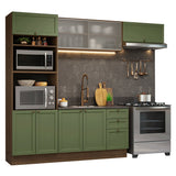 Cocina Integral Vik Marrón y Verde 270x225cm sin Mesón para Pozuelo Izquierda con Puertas de Vidrio y sin Estufa