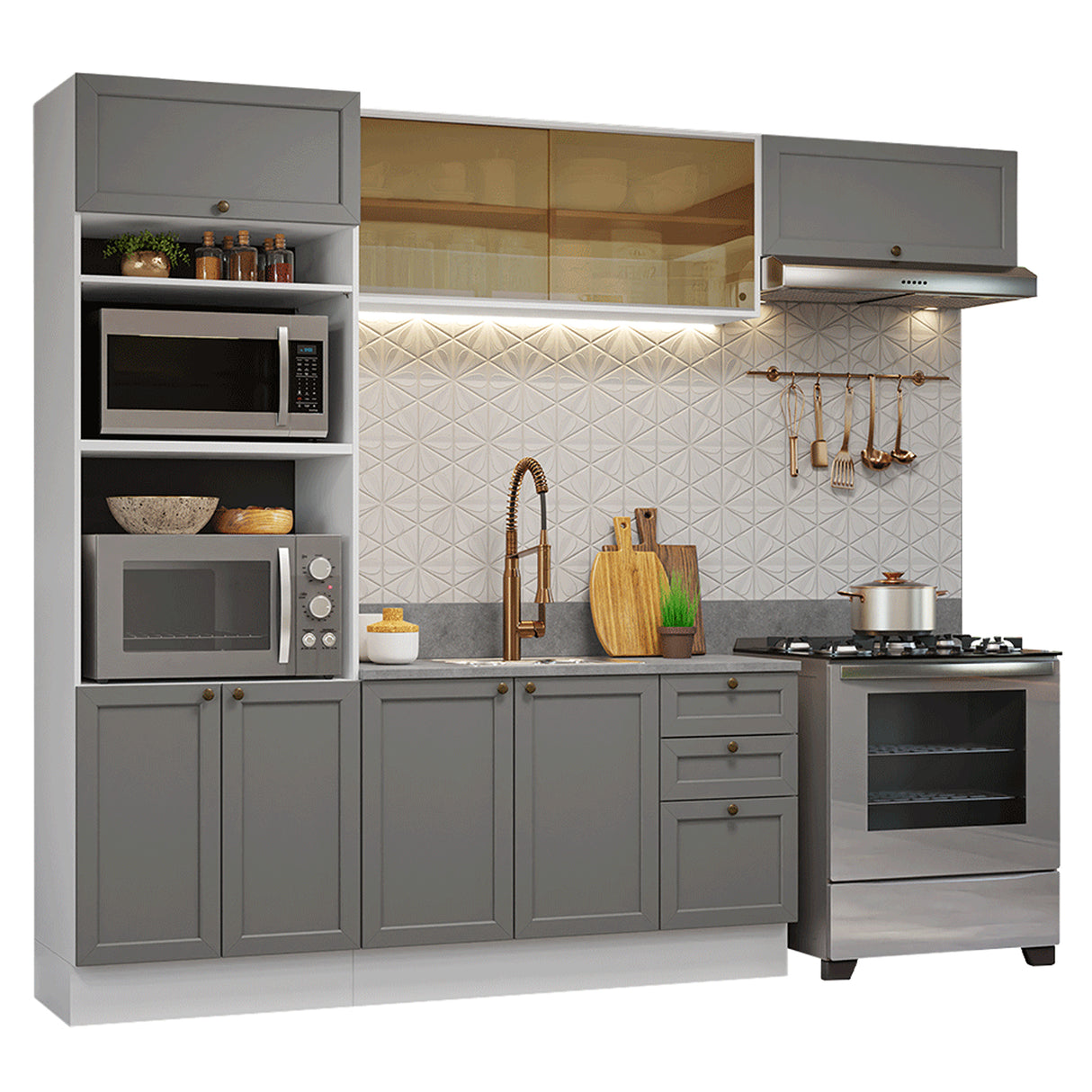 Cocina Integral Vik Blanco y Gris 270x225cm sin Mesón para Pozuelo Izquierda con Cuatro Puertas Inferiores y sin Estufa