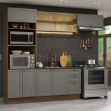 Cocina Integral Vik Marrón y Gris 270x225cm sin Mesón para Pozuelo Izquierda con Cuatro Puertas Inferiores y sin Estufa