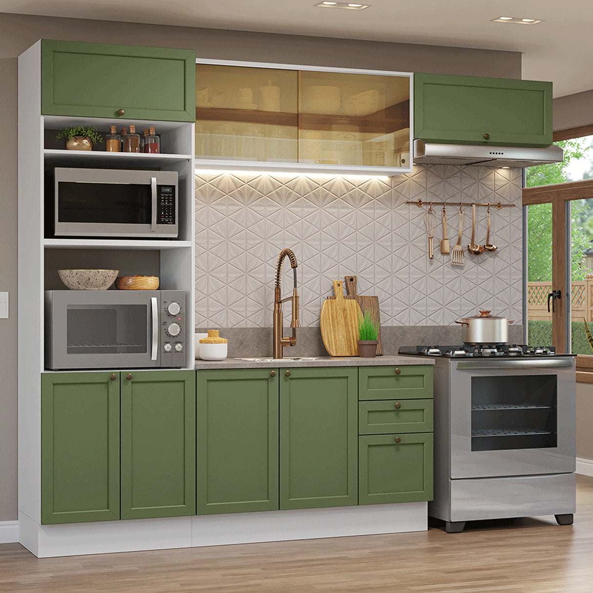 Cocina Integral Vik Blanco y Verde 270x225cm sin Mesón para Pozuelo Izquierda con Cuatro Puertas Inferiores y sin Estufa