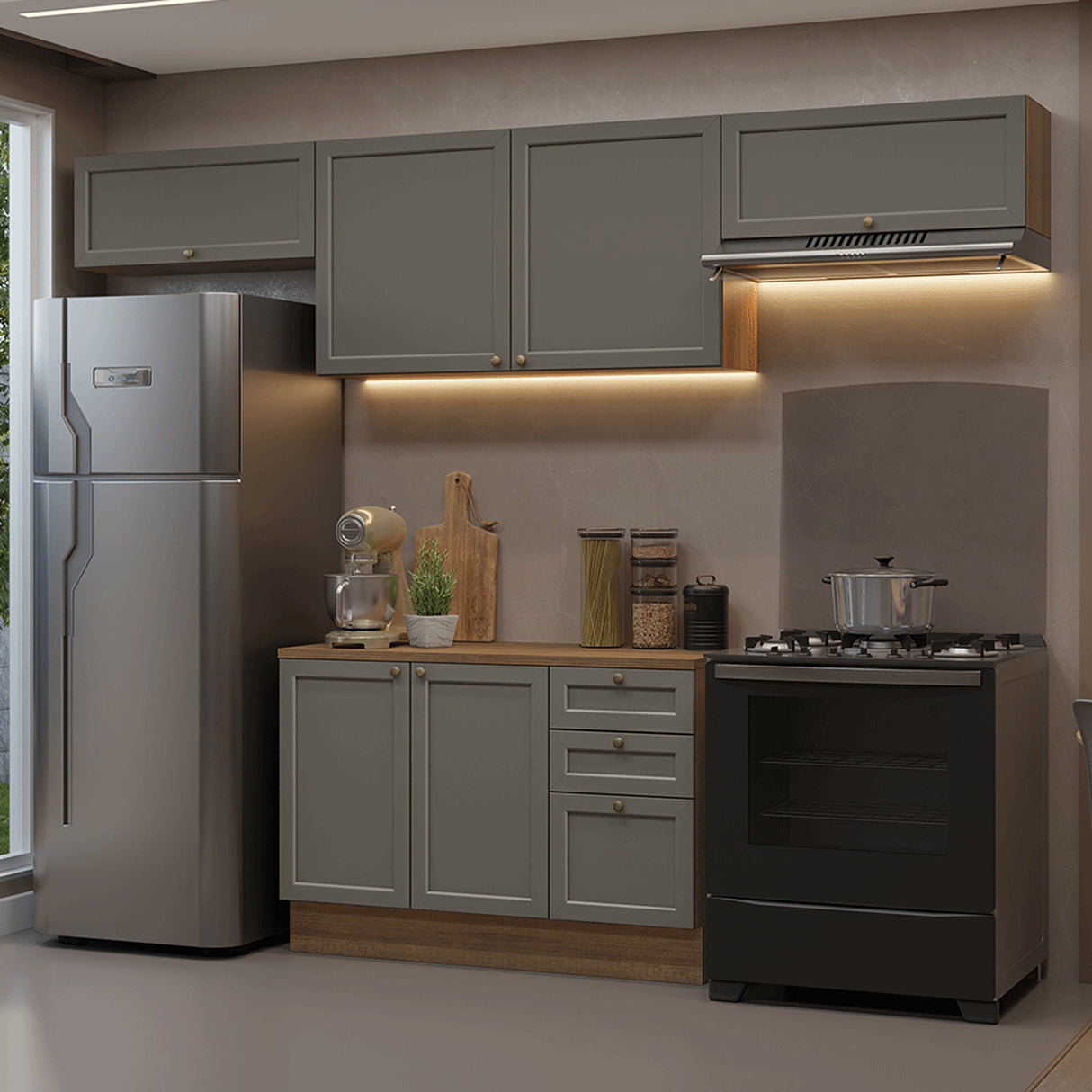 Cocina Integral Vik Marrón y Gris 280x225cm con Mesón de Madera Aglomerada Mdp y sin Estufa