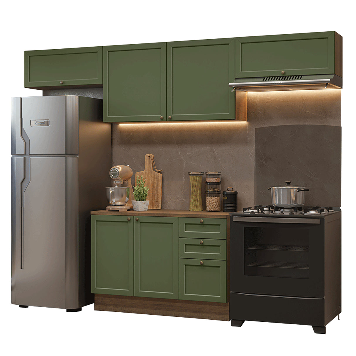 Cocina Integral Vik Marrón y Verde 280x225cm con Mesón de Madera Aglomerada Mdp y sin Estufa