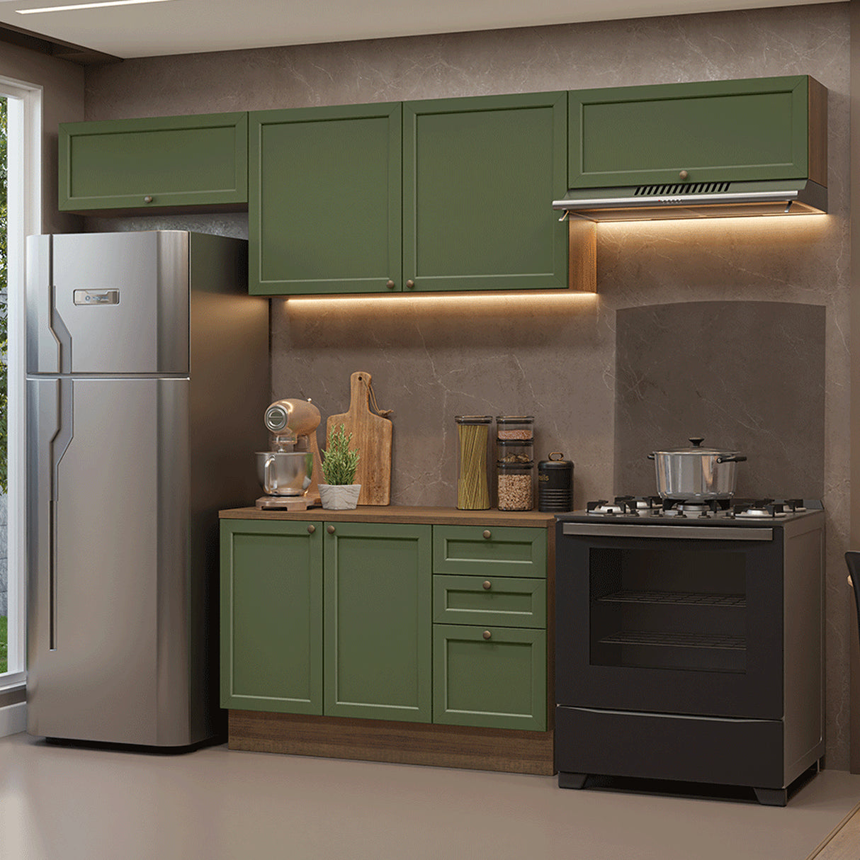 Cocina Integral Vik Marrón y Verde 280x225cm con Mesón de Madera Aglomerada Mdp y sin Estufa