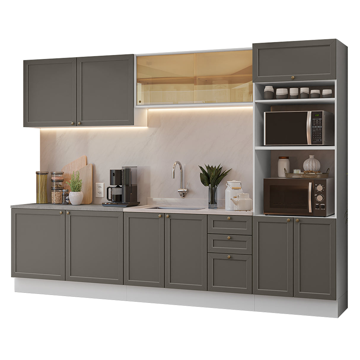 Cocina Integral Vik Blanco y Gris 310x225cm sin Mesón para Pozuelo Izquierda y sin Estufa
