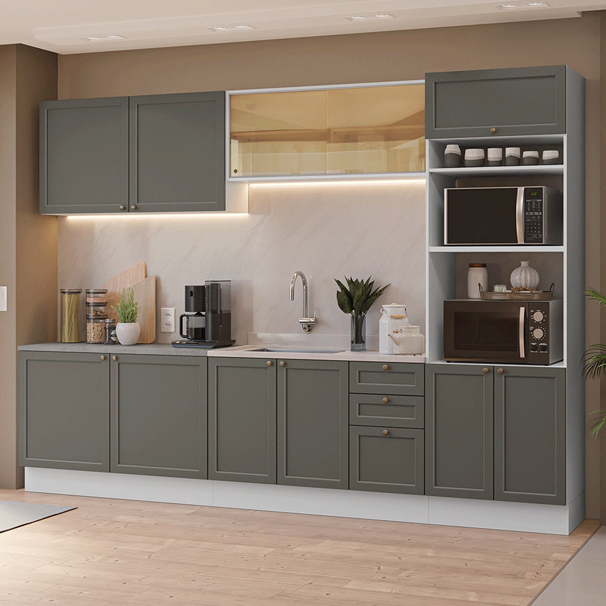 Cocina Integral Vik Blanco y Gris 310x225cm sin Mesón para Pozuelo Izquierda y sin Estufa