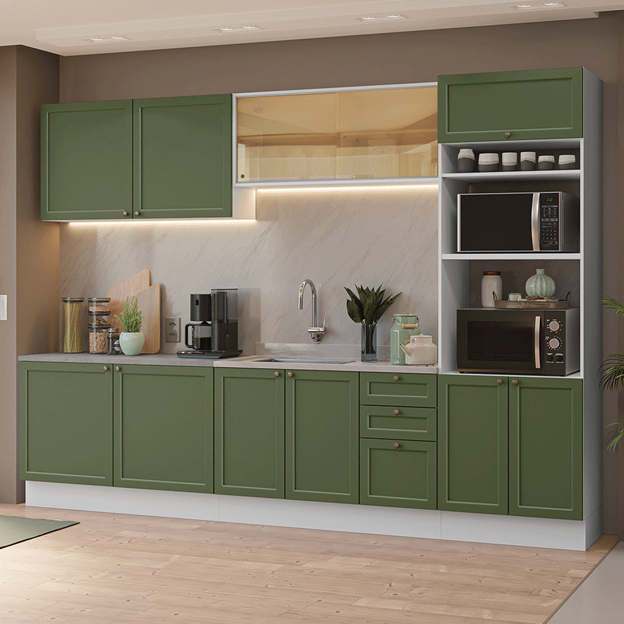 Cocina Integral Vik Blanco y Verde 310x225cm sin Mesón para Pozuelo Izquierda y sin Estufa