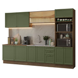 Cocina Integral Vik Marrón y Verde 310x225cm sin Mesón para Pozuelo Izquierda y sin Estufa