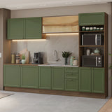 Cocina Integral Vik Marrón y Verde 310x225cm sin Mesón para Pozuelo Izquierda y sin Estufa