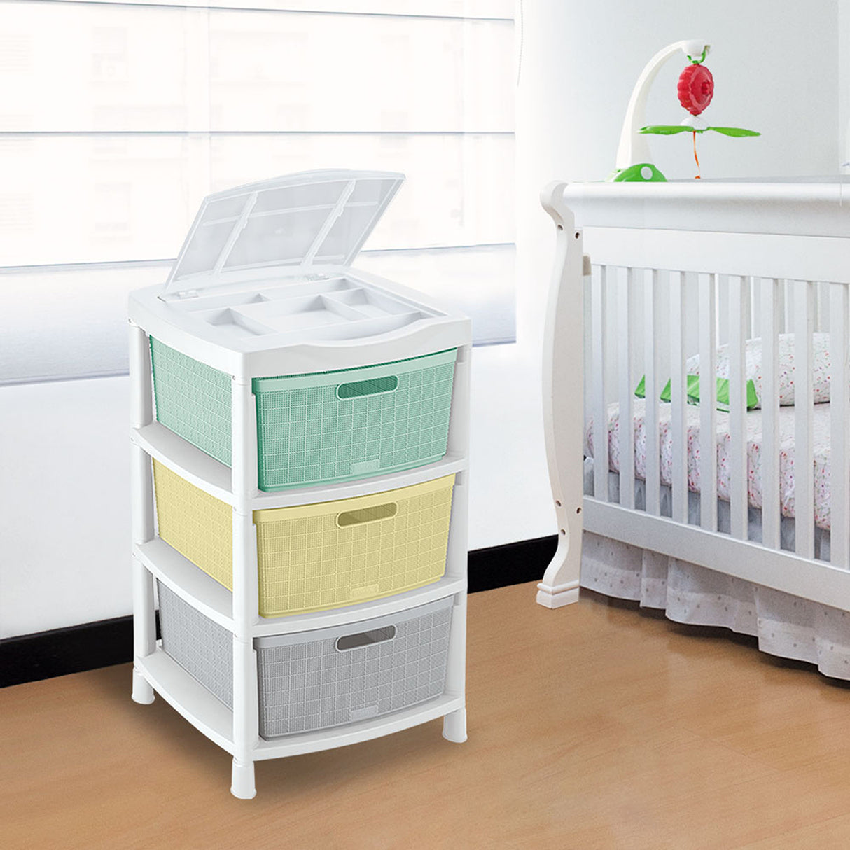 Gavetero Rimax Fique Blanco y Verde Claro 48x80cm de Tres Hileras con Tres Cajones y Tapa Organizadora