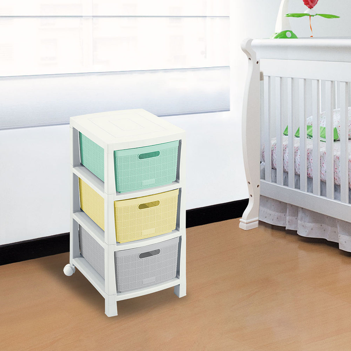 Cajonero Rimax Fique Blanco y Verde Claro 39.4x66.7cm de Tres Hileras con Tres Cajones