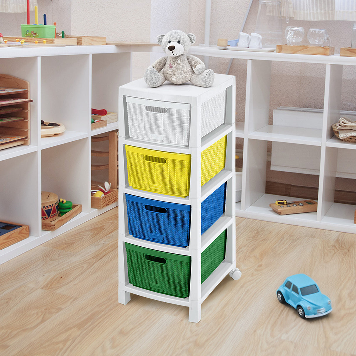 Cajonero Rimax Fique Blanco y Azul 39.4x86cm de Cuatro Hileras con Cuatro Cajones