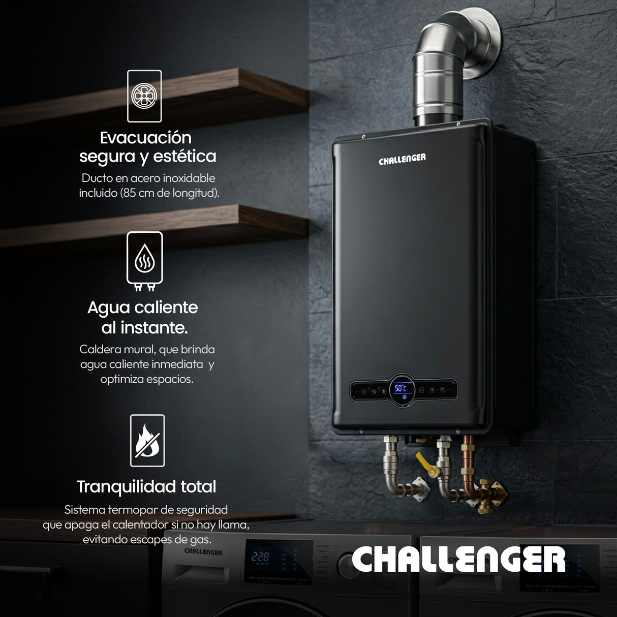 Calentador de Agua Challenger Negro 39x61.5cm De Paso Tiro Forzado para Gas Natural con Pantalla Digital