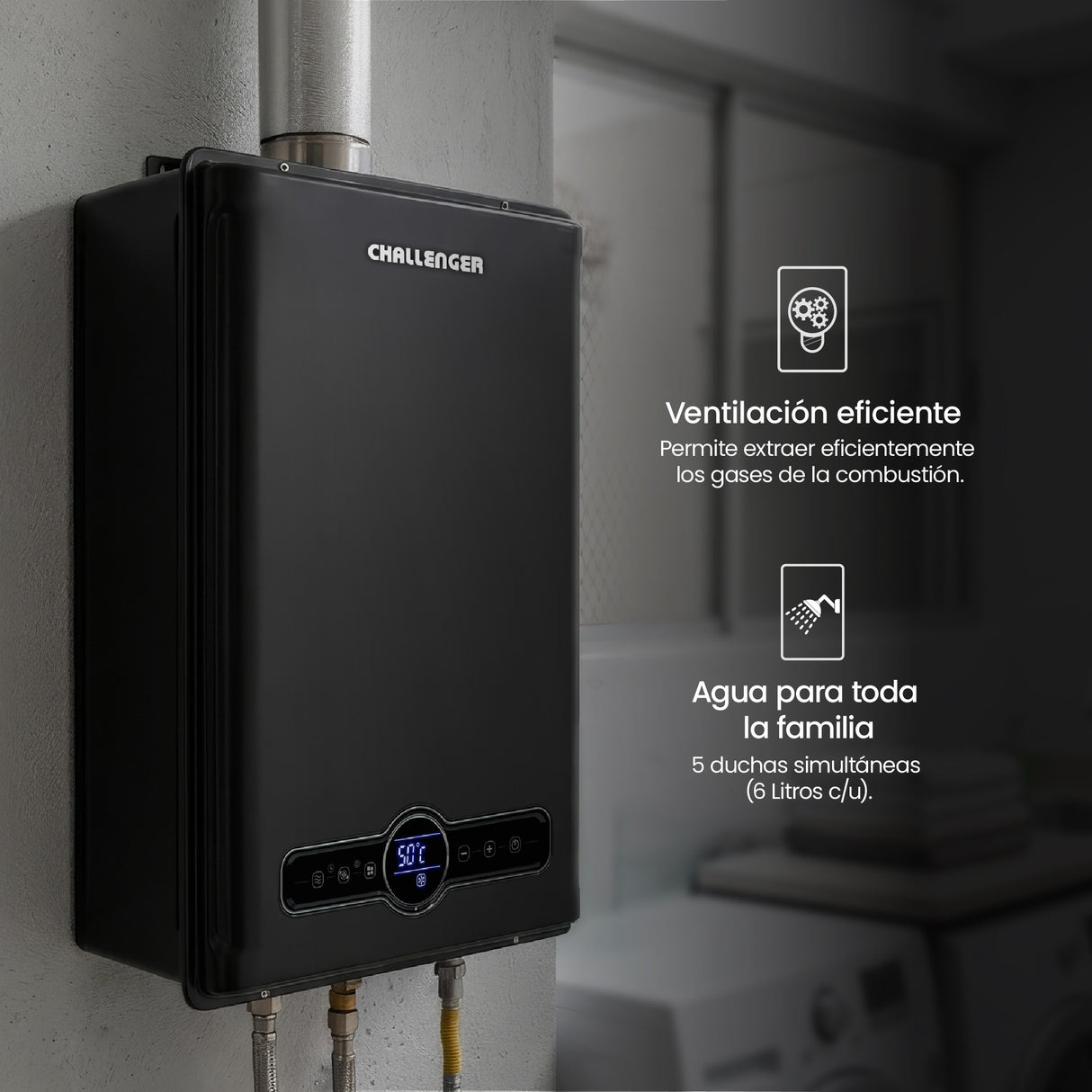 Calentador de Agua Challenger Negro 39x61.5cm De Paso Tiro Forzado para Gas Natural con Pantalla Digital