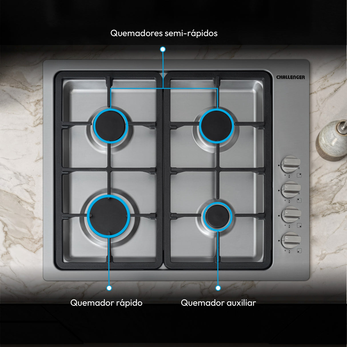 Estufa de Empotrar Challenger Coplanar Acero 61x51cm de Gas Natural con Cuatro Quemadores