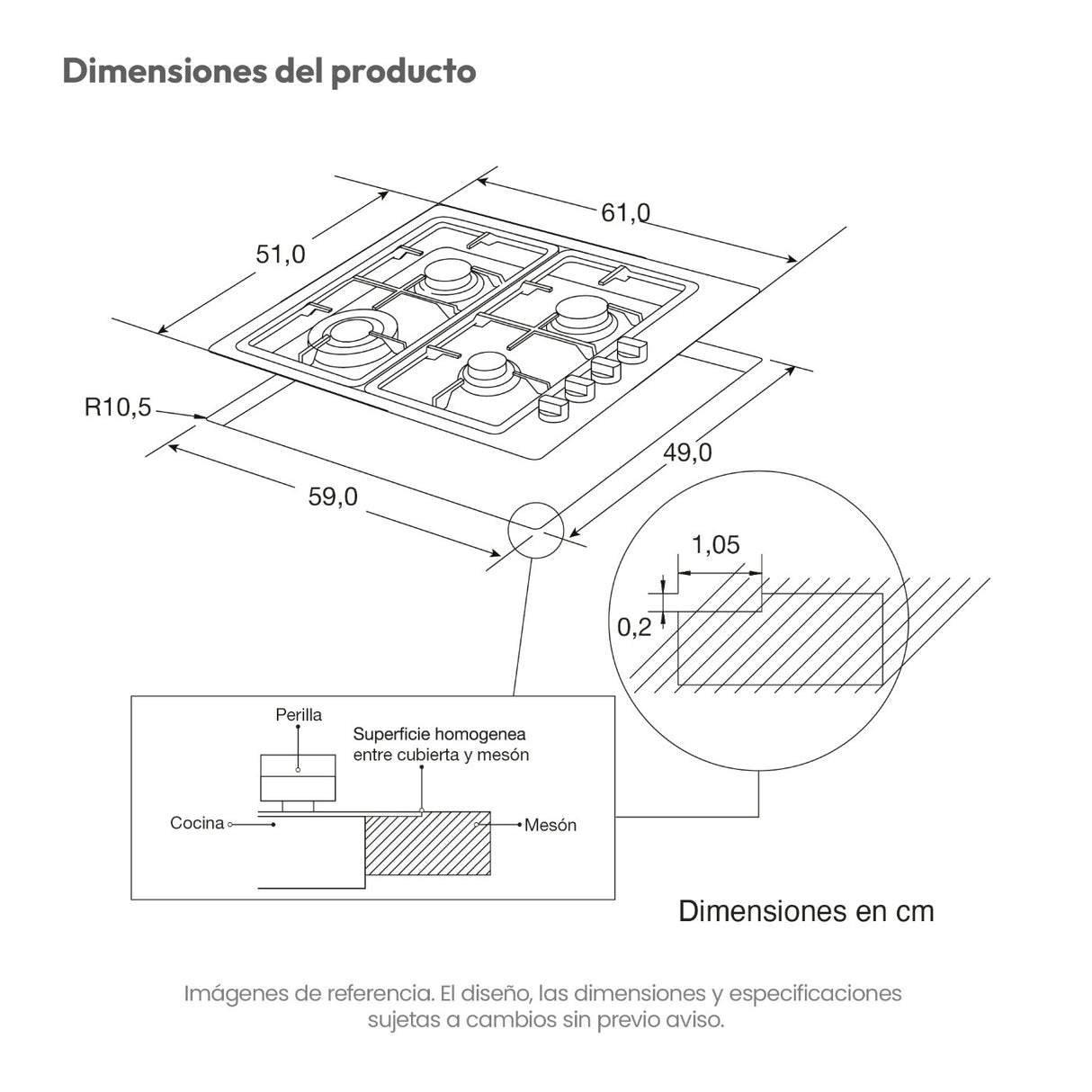 Estufa de Empotrar Challenger Coplanar Acero 61x51cm de Gas Natural con Cuatro Quemadores