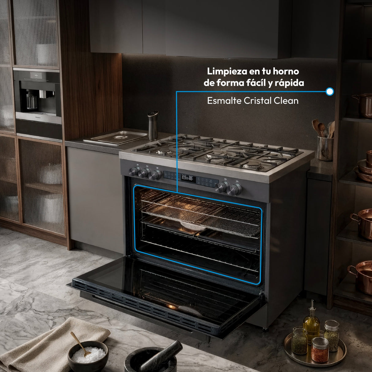 Estufa Challenger Autosoportada Acero 90x90cm De Gas Natural con Horno Eléctrico 220V Cinco Quemadores y con Función Air Fryer