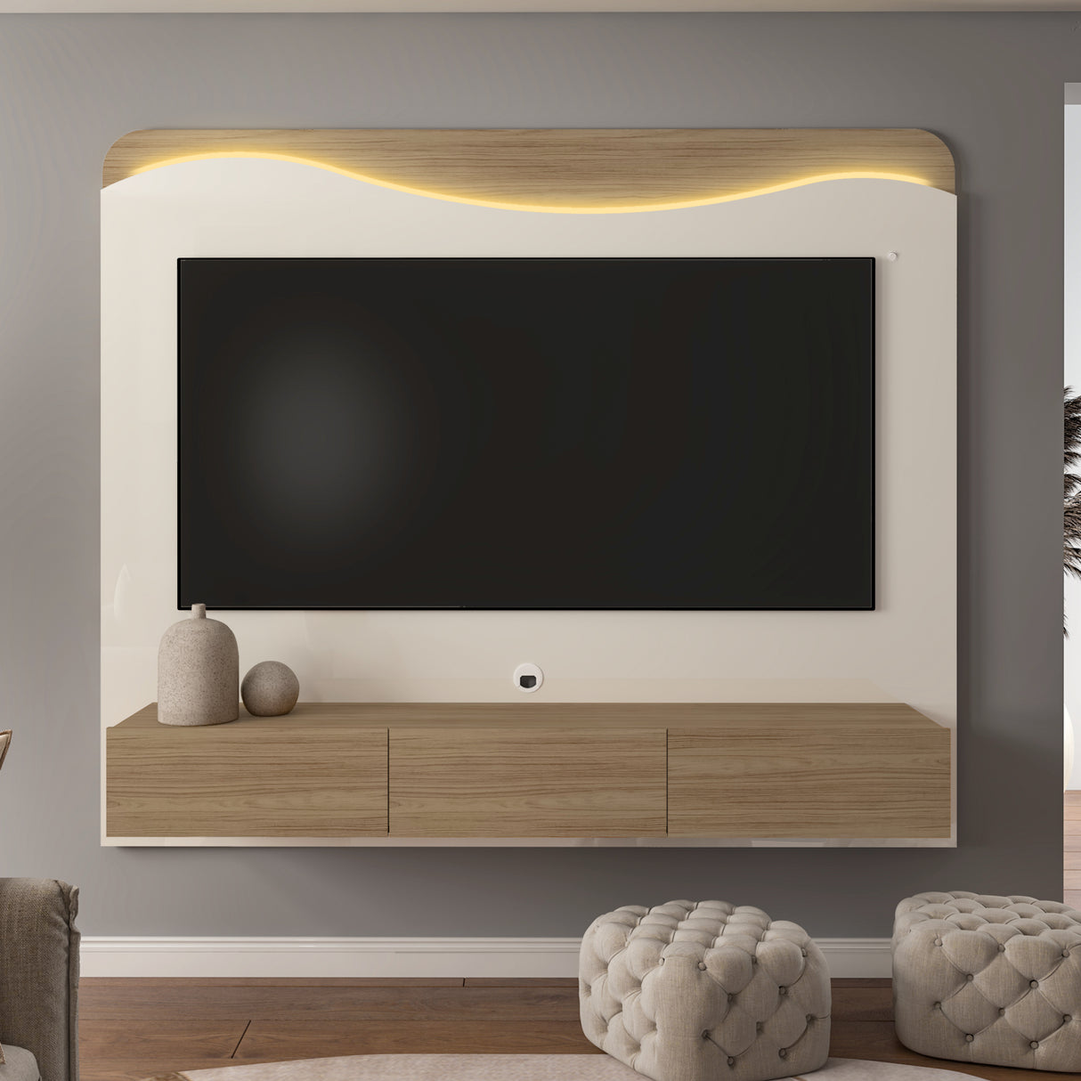 Panel de TV Vivaldi Beige Neutral y Café Claro 200x168cm para TV Hasta 75" Pulgadas con Tres Cajones y con Ranura para Cables