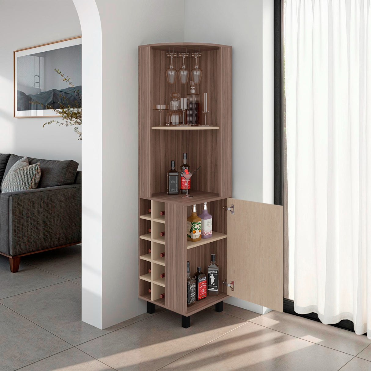 Bar Esquinero Kaia Avellana y Cartagena 45x180cm con Doce Compartimientos y con Diez Portabotellas
