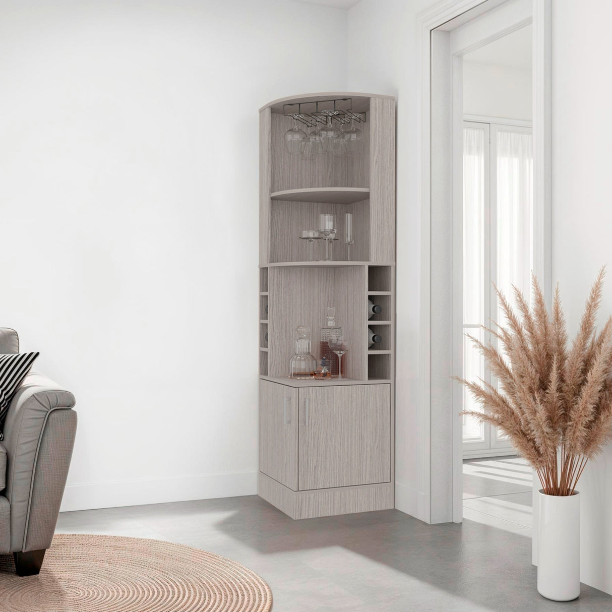 Bar Esquinero Syrah Positano 46.9x180.6cm con Diez Compartimientos y con Ocho Portabotellas