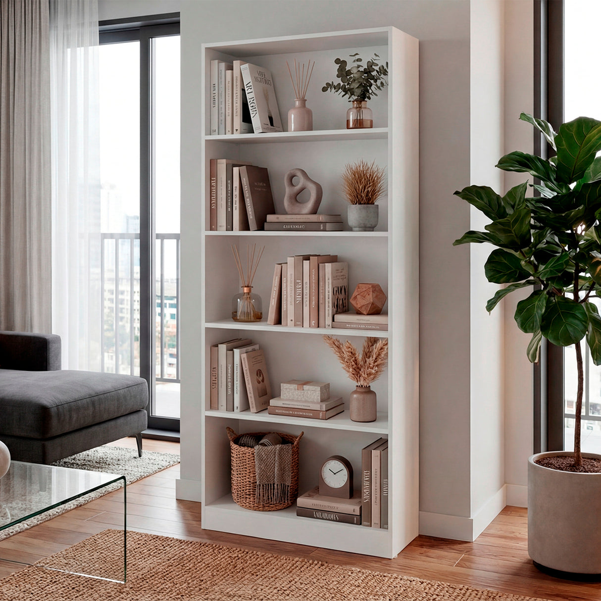 Biblioteca Basica Blanco 74.6x180.7cm Rectangular con Cinco Compartimientos y Cuatro Entrepaños