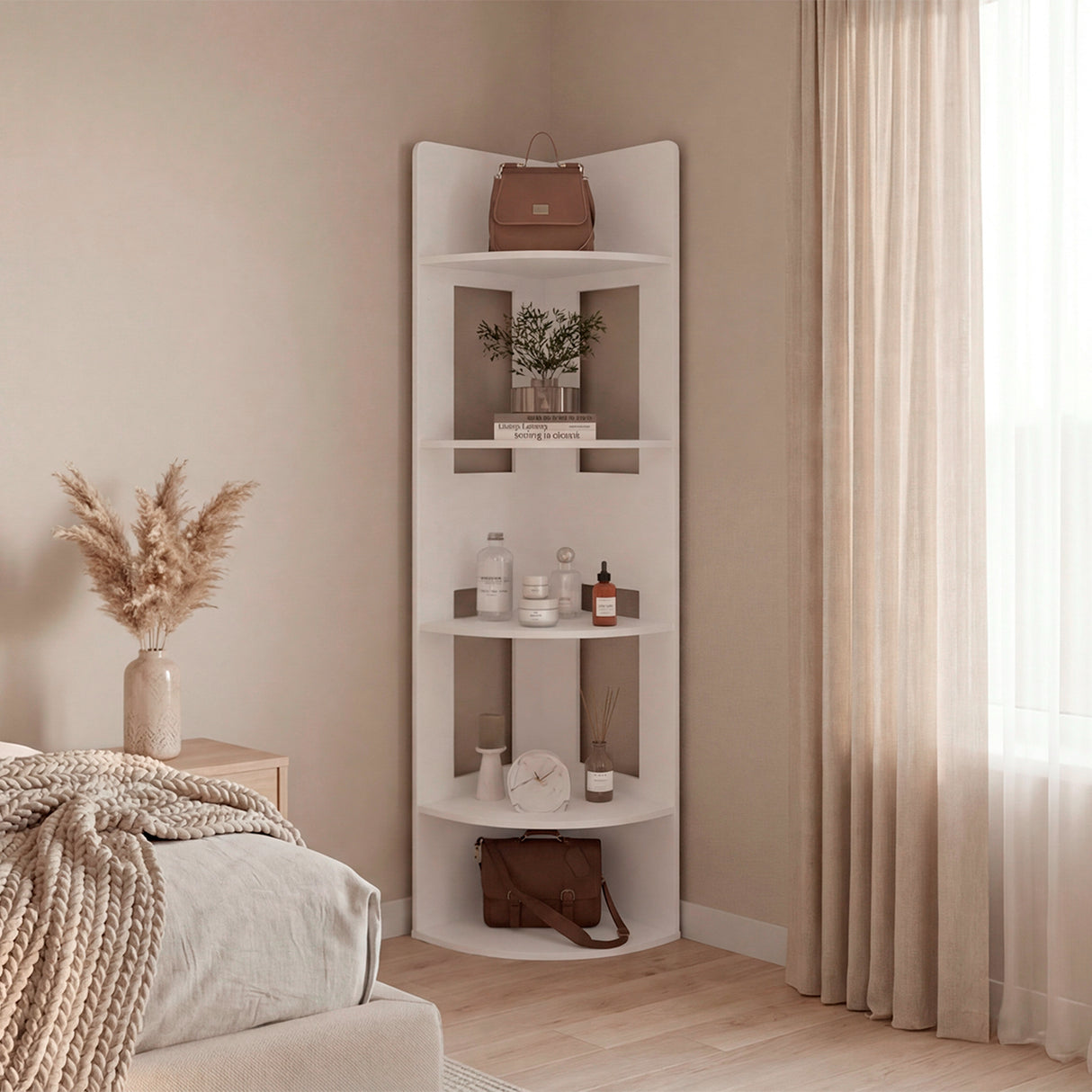 Biblioteca Esquinera Home Dreams Blanco 40x170cm Triangular con Cinco Compartimientos y Cuatro Entrepaños