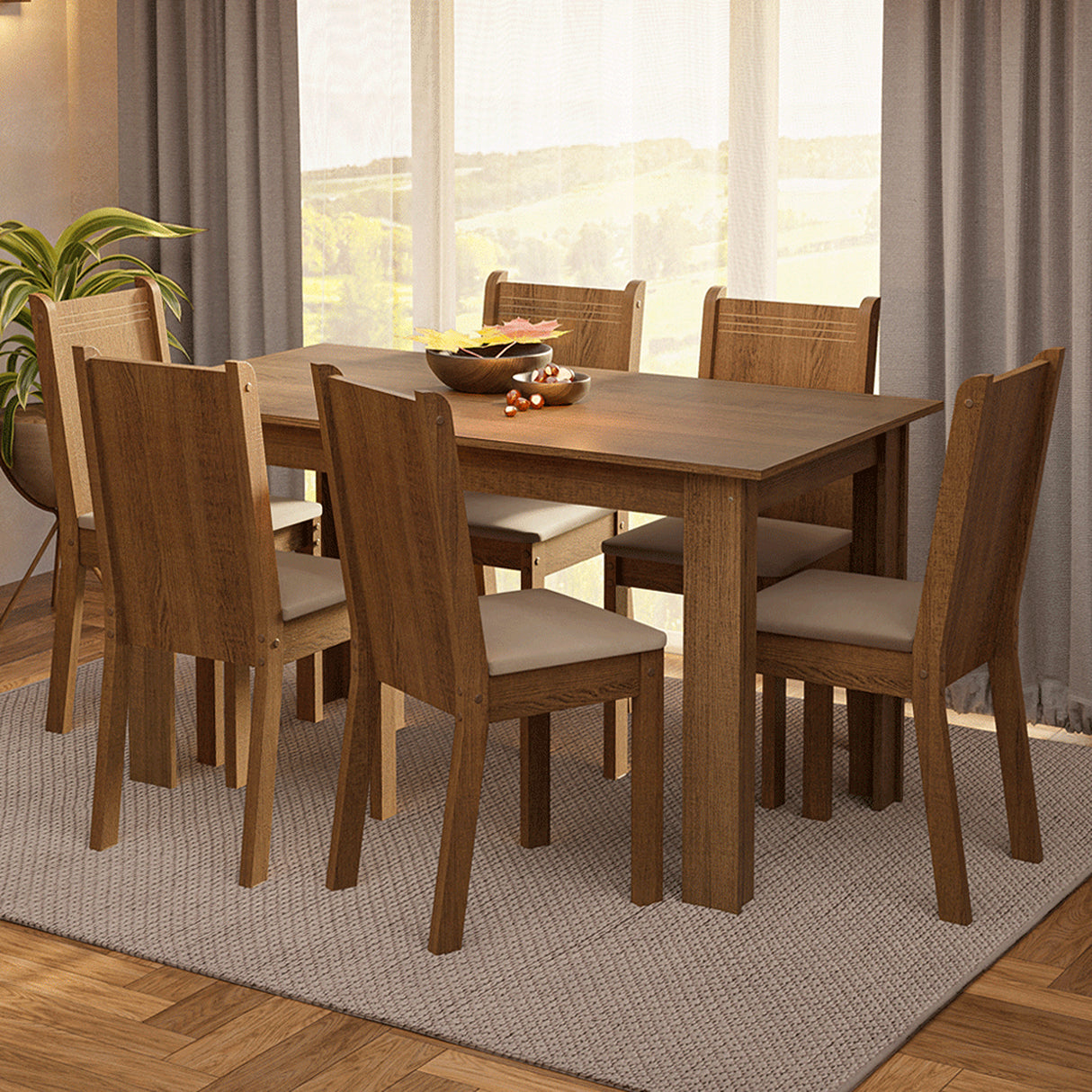Juego de Comedor Analu Marrón y Beige 136x76cm Rectangular de Seis Puestos con Seis Sillas