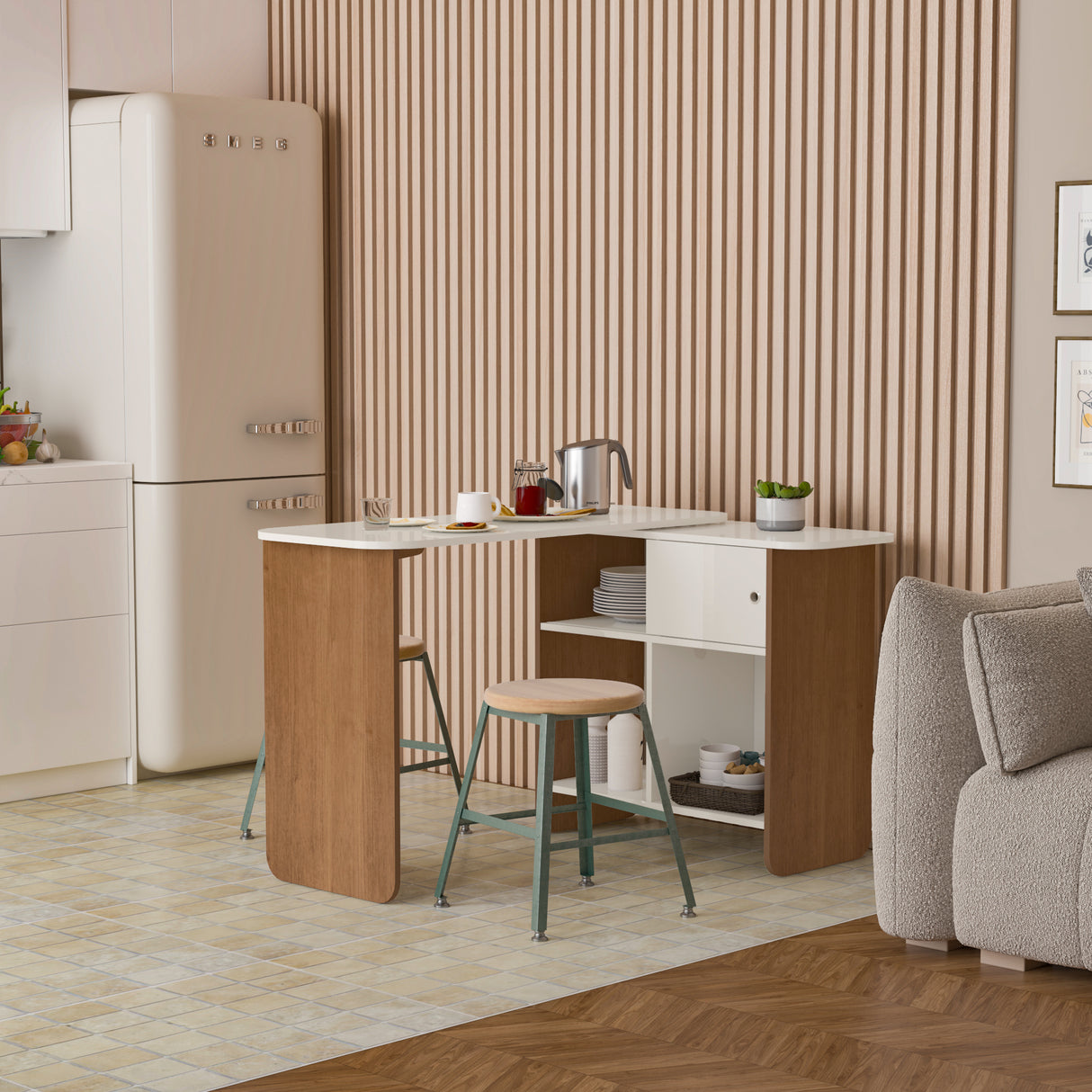 Escritorio Transformable Nomad Café Claro y Beige 118.5x73.5cm con Un Cajón y con Organizador de Libros