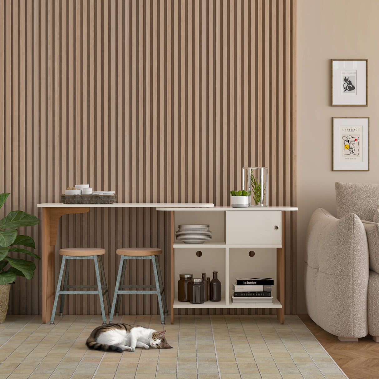 Escritorio Transformable Nomad Café Claro y Beige 118.5x73.5cm con Un Cajón y con Organizador de Libros
