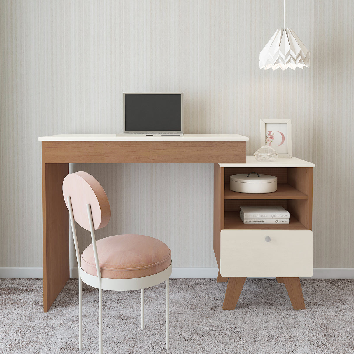 Escritorio Tocador Dora Café y Beige 120.5x118.5cm con Organizador de Libros y con Espejo Integrado