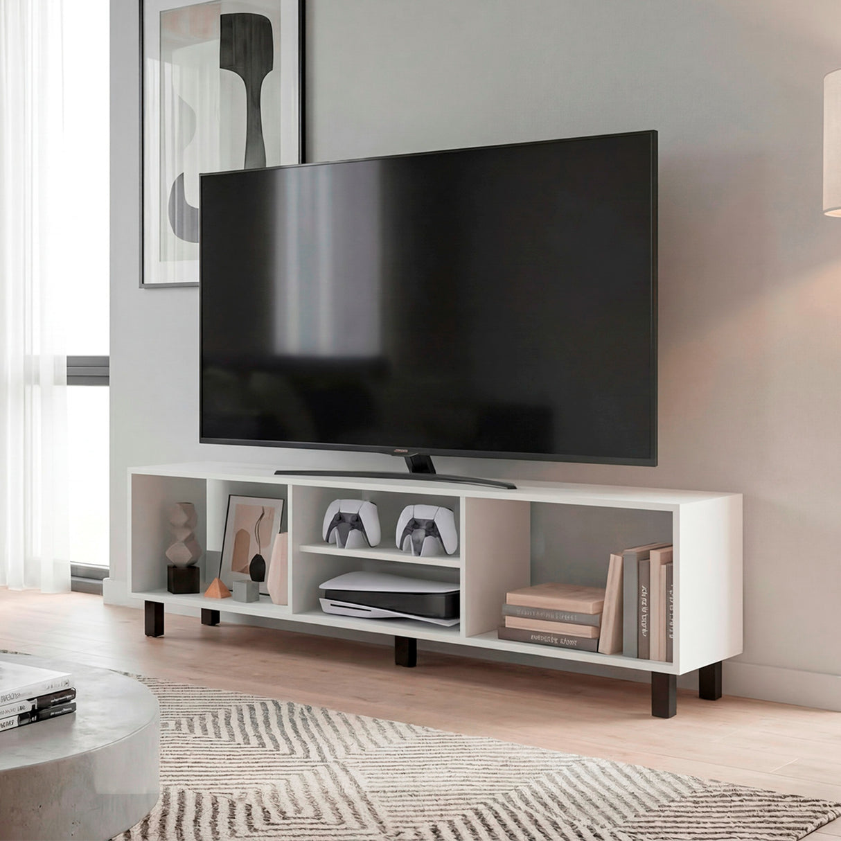 Rack de TV Tunez Plus Blanco 160x47.5cm para TV Hasta 70" Pulgadas con Cuatro Compartimientos