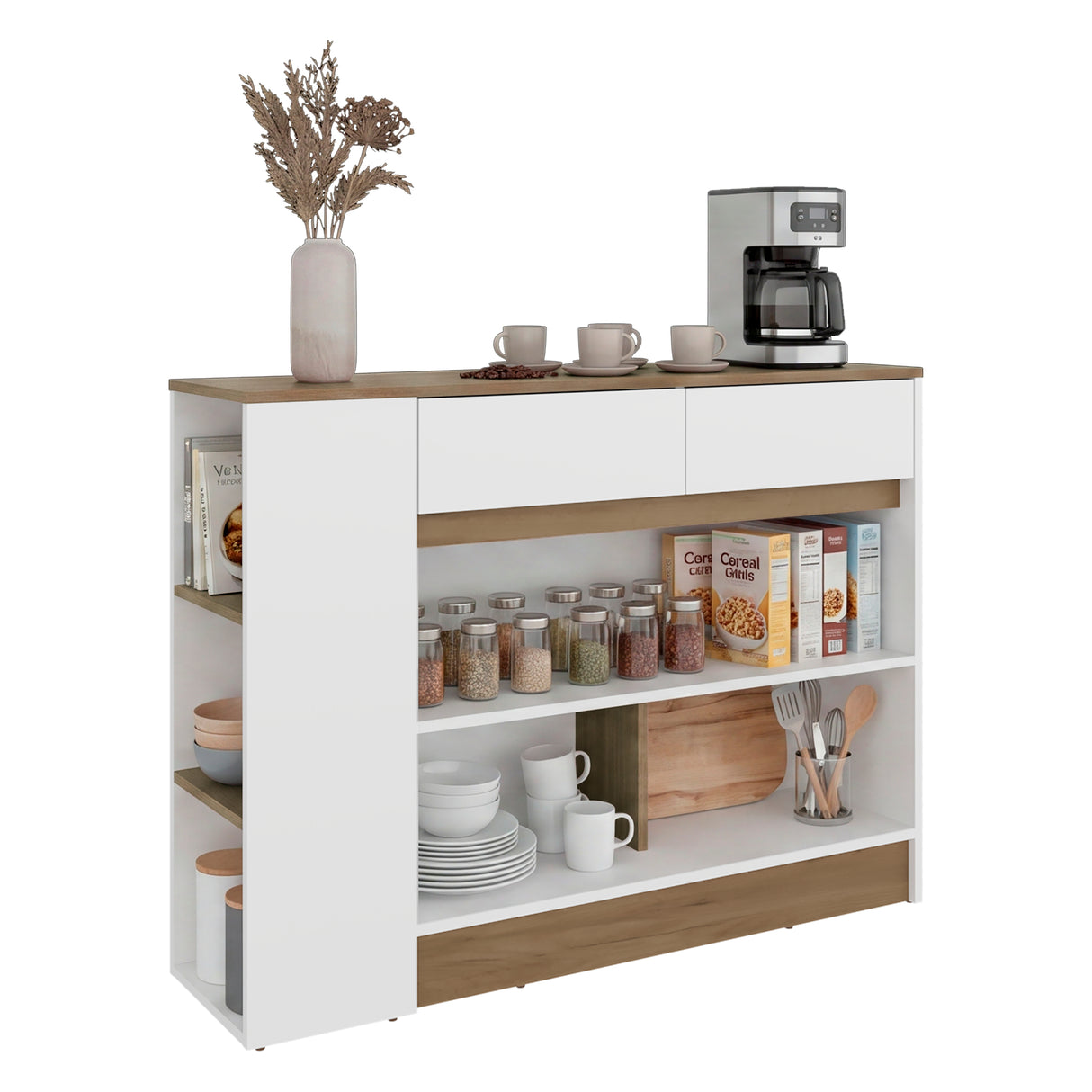 Mueble Auxiliar de Cocina Lynton Fresno y Blanco 110x82.6cm con Un Entrepaño y Tres Compartimientos