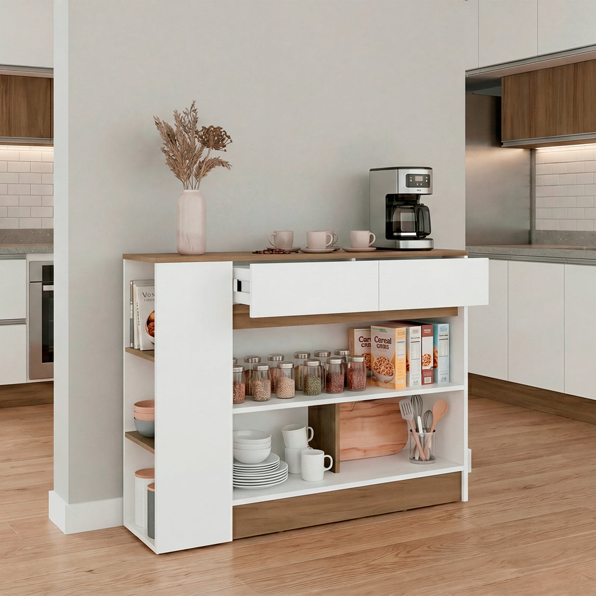 Mueble Auxiliar de Cocina Lynton Fresno y Blanco 110x82.6cm con Un Entrepaño y Tres Compartimientos