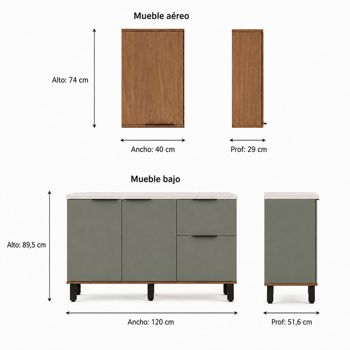 Cocina Sicilia Natural y Olivia 120x163cm con Cuatro Puertas sin Mesón y Sin Estufa