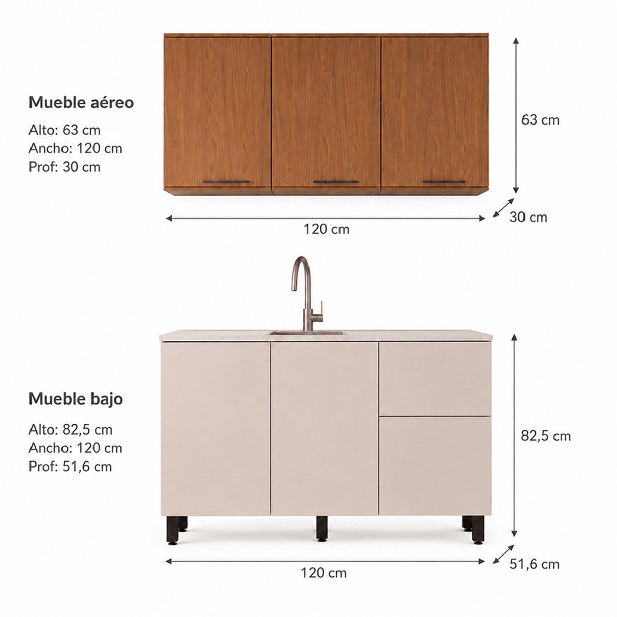Cocina Dominica Natural y Blanco Apagado 120x145.5cm con Cinco Puertas sin Mesón y Sin Estufa
