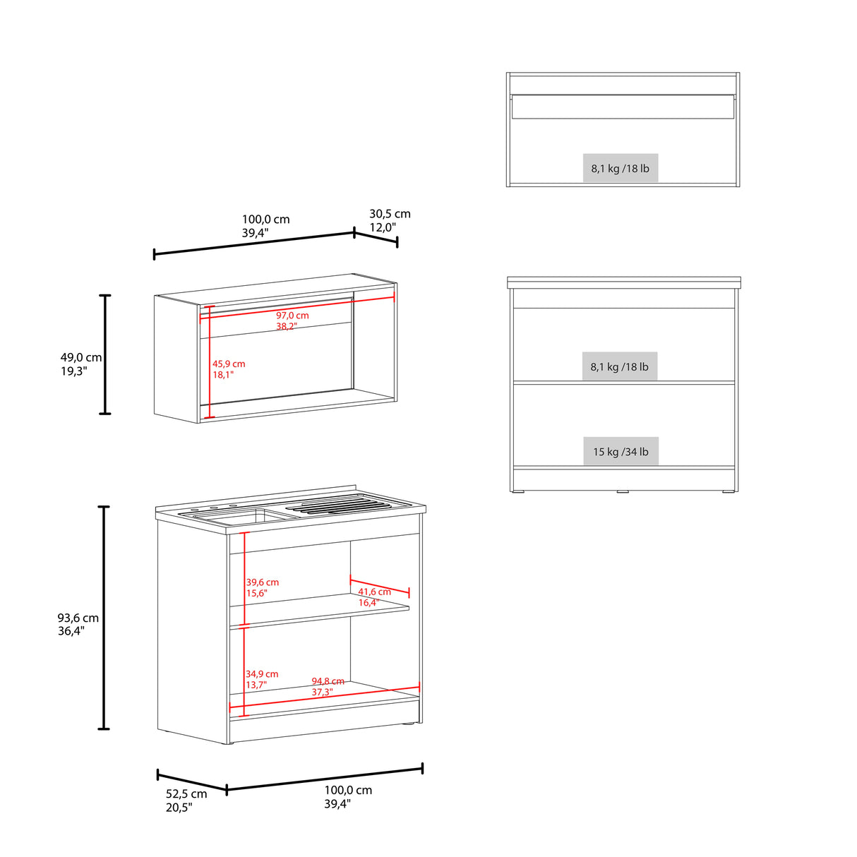 Cocina Zurich Blanco y Positano 100x49cm con Mesón de Acero Inoxidable y sin Estufa