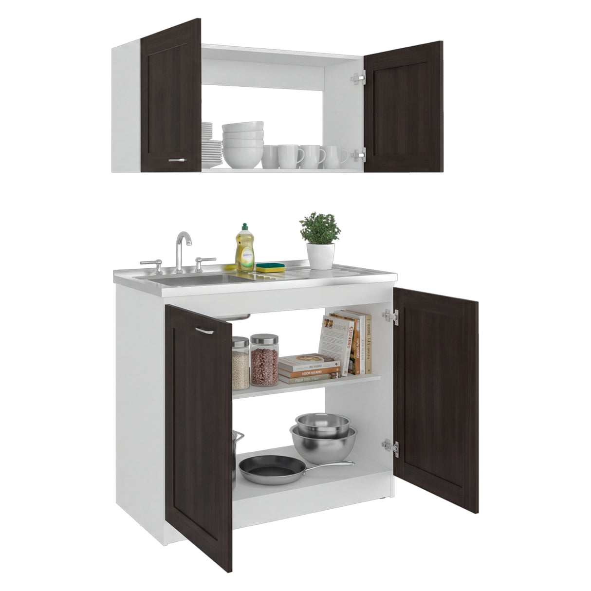 Cocina Zurich Blanco y Nogal 100x49cm con Mesón de Acero Inoxidable y sin Estufa