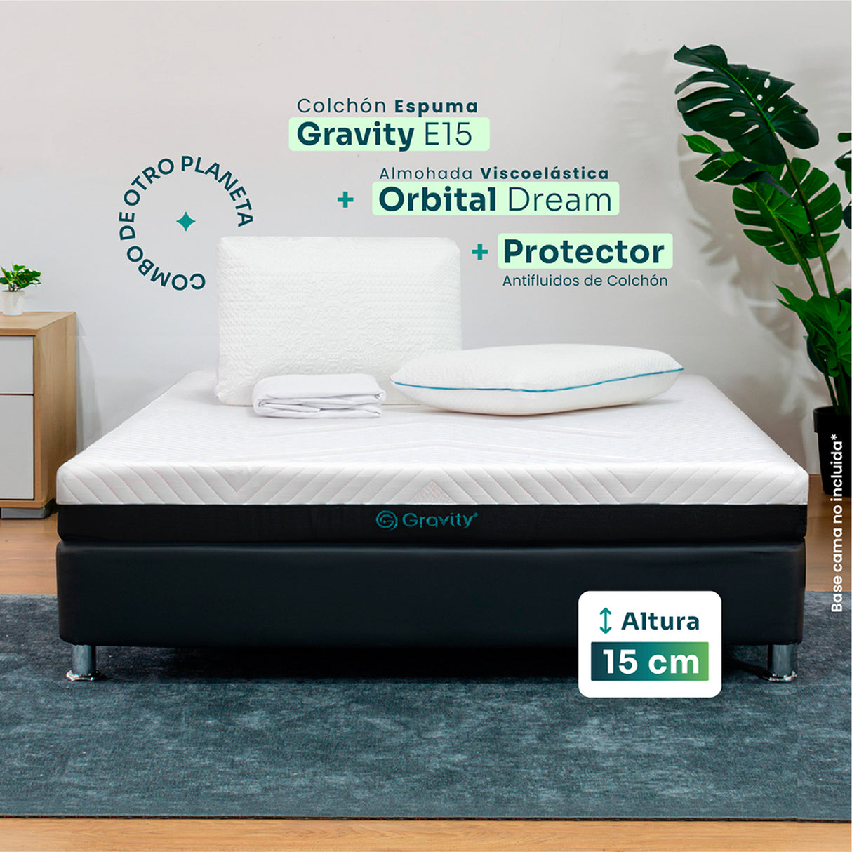 Combo Colchón Enrollado Gravity E18 Blanco Sencillo 100 X 190 Cm Ortopedico Firmeza Firme con Una Almohada Orbital Dream y Un Protector de Colchón