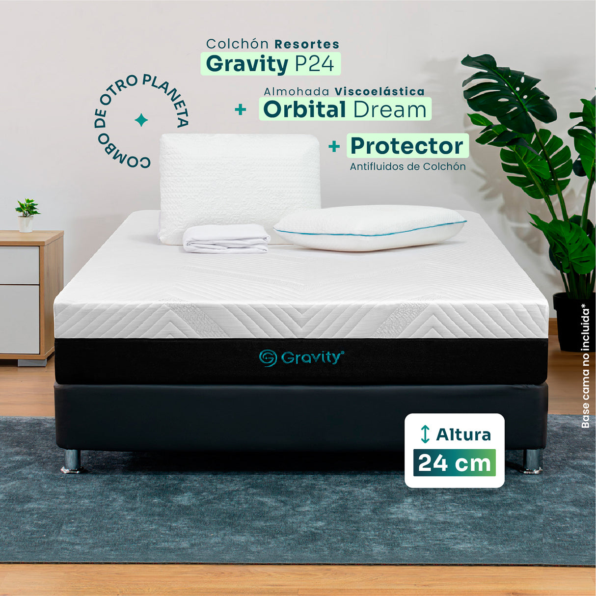 Combo Colchón Enrollado Gravity P24 Blanco Semidoble 120 X 190 Cm Ortopedico Firmeza Medio con Dos Almohadas Orbital Dream y Un Protector de Colchón