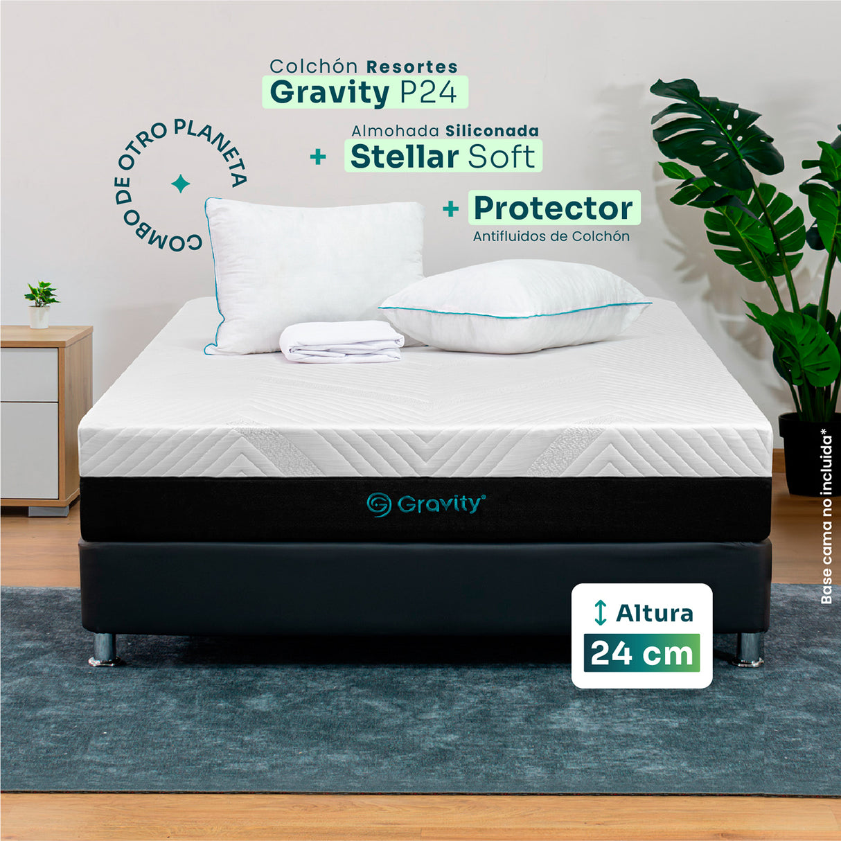 Combo Colchón Enrollado Gravity P24 Blanco Queen 160 X 190 Cm Ortopedico Firmeza Medio con Dos Almohada Stellar Soft y Un Protector de Colchón