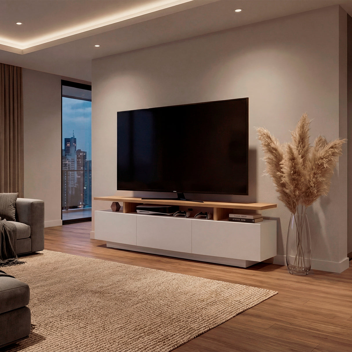Rack de TV Serena Blanco y Fresno Europeo 180x51.1cm para TV Hasta 65" Pulgadas con Un Cajón y con Tres Compartimientos