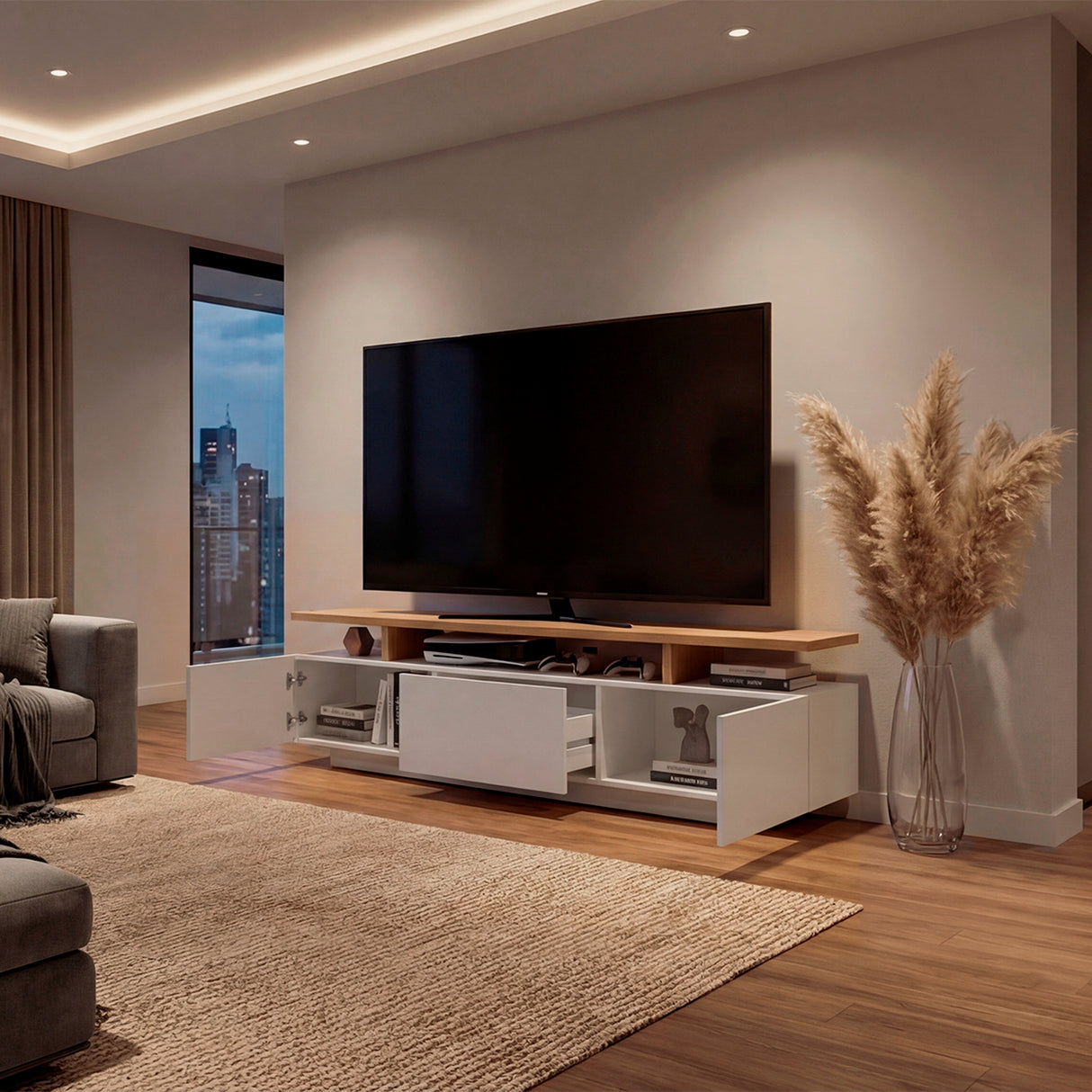 Rack de TV Serena Blanco y Fresno Europeo 180x51.1cm para TV Hasta 65" Pulgadas con Un Cajón y con Tres Compartimientos