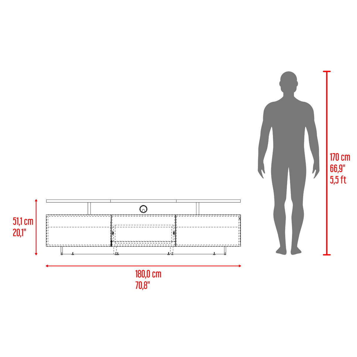 Rack de TV Serena Blanco y Fresno Europeo 180x51.1cm para TV Hasta 65" Pulgadas con Un Cajón y con Tres Compartimientos