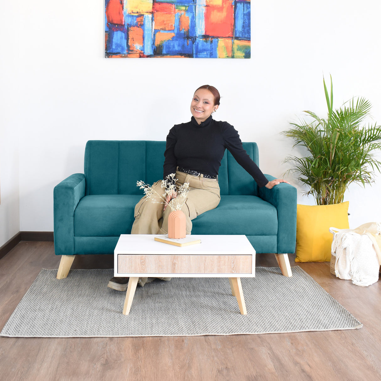 Sofá Baru Petróleo y Matiz Natural 150x82cm de Dos Puestos y con Apoya Brazos