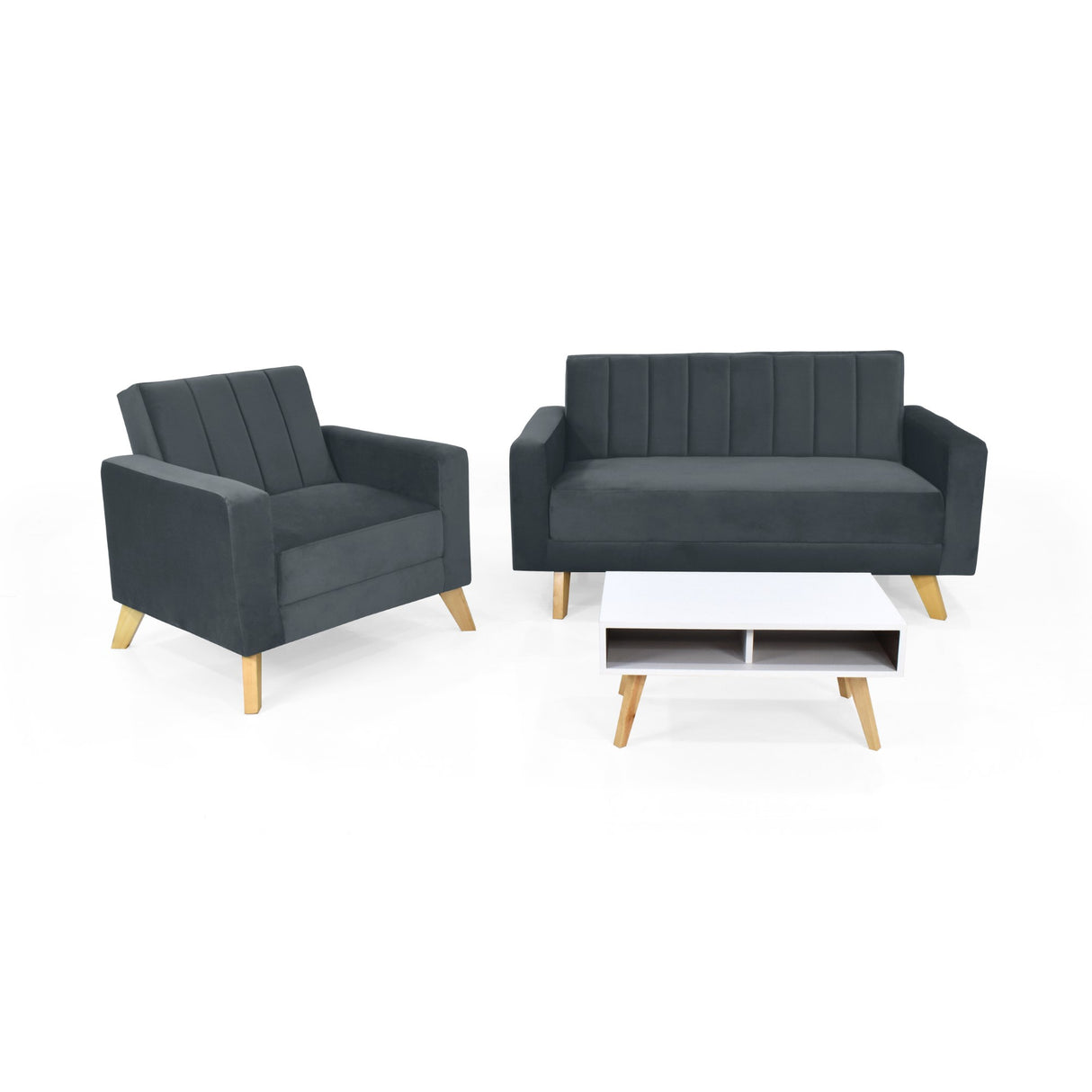 Sala Baru Gris y Matiz Natural 150x82cm de Tres Puestos con Una Poltrona y Una Mesa de Centro Barza