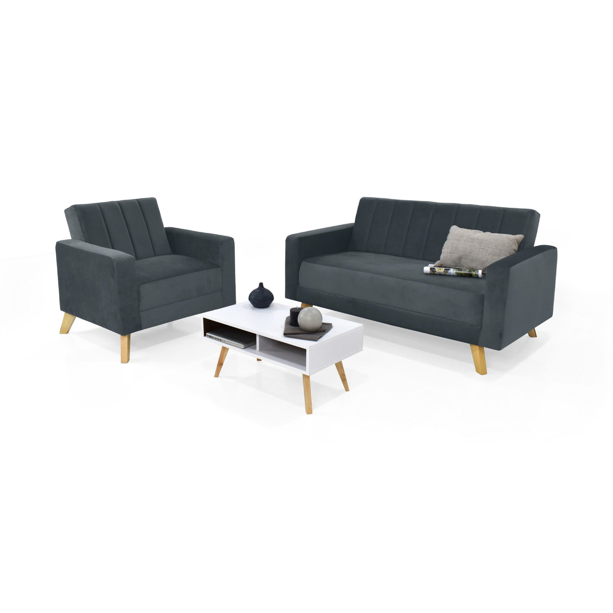 Sala Baru Gris y Matiz Natural 150x82cm de Tres Puestos con Una Poltrona y Una Mesa de Centro Barza
