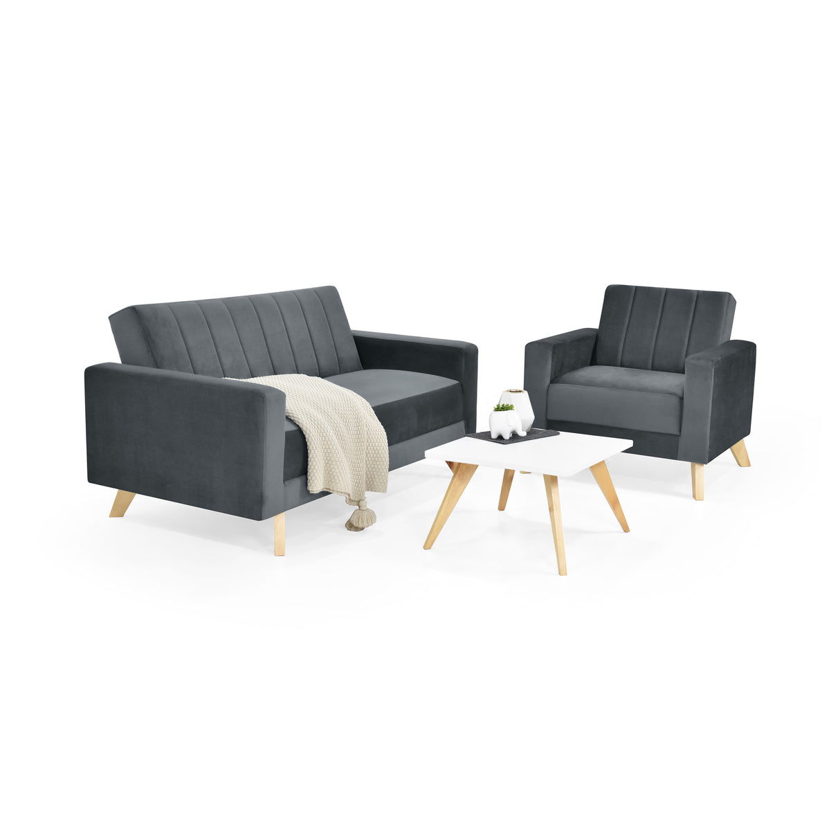 Sala Baru Gris y Matiz Natural 150x82cm de Tres Puestos con Una Poltrona y Una Mesa de Centro Nova