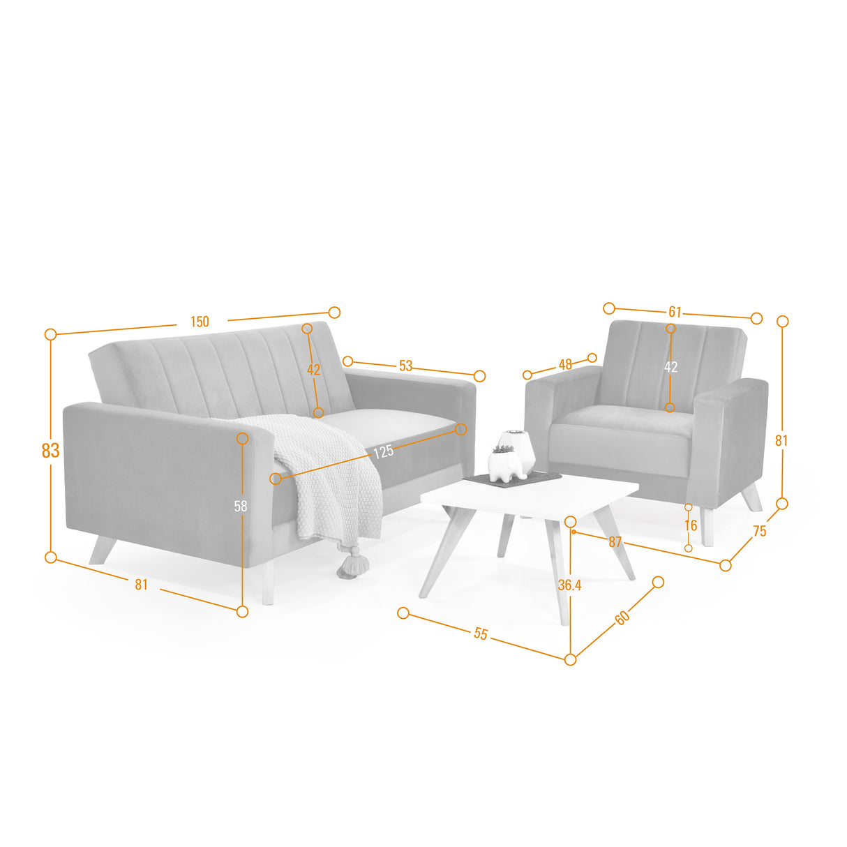 Sala Baru Gris y Matiz Natural 150x82cm de Tres Puestos con Una Poltrona y Una Mesa de Centro Nova