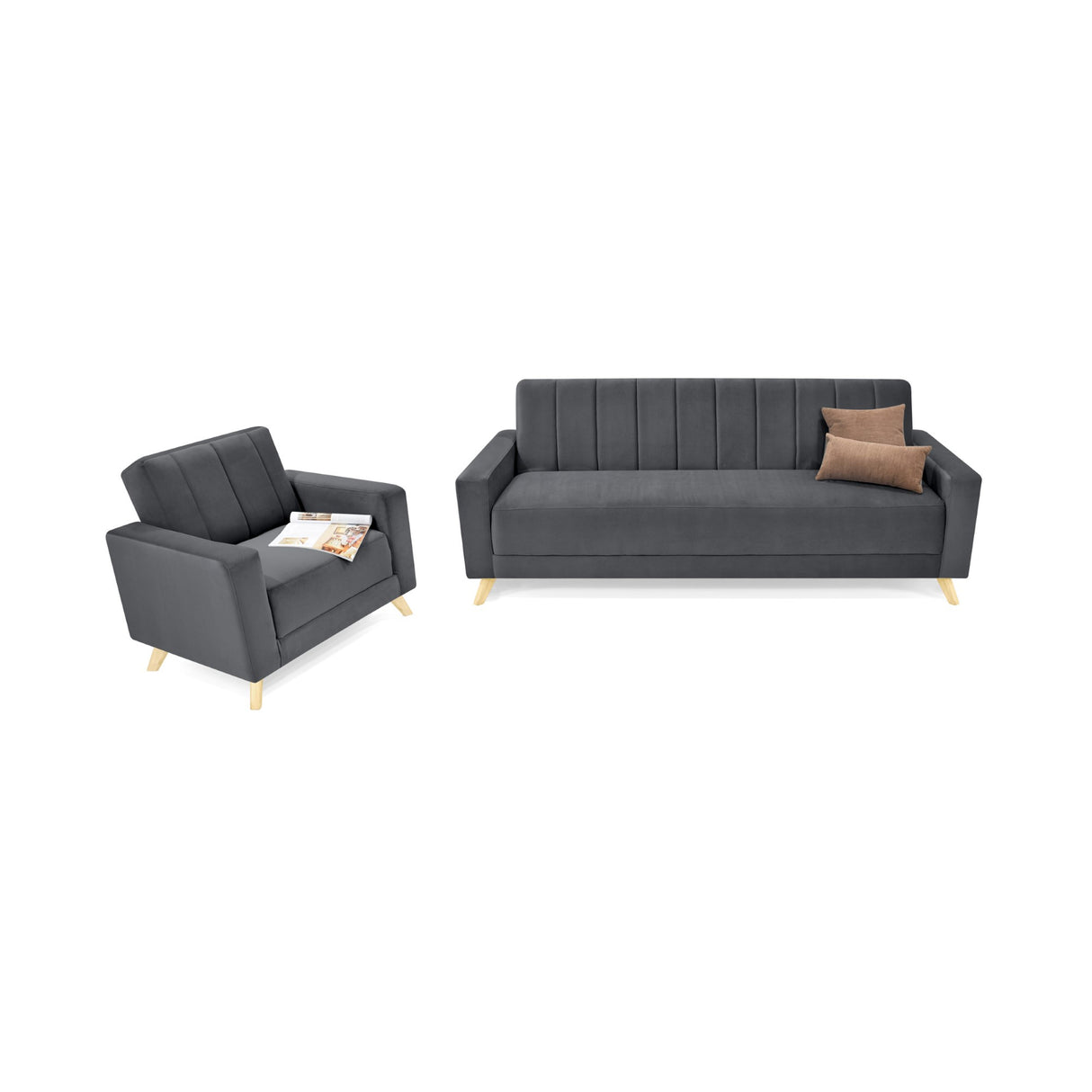 Sala Dominic Gris y Matiz Natural 206x80cm de Cuatro Puestos Reclinable y con Apoya Brazos