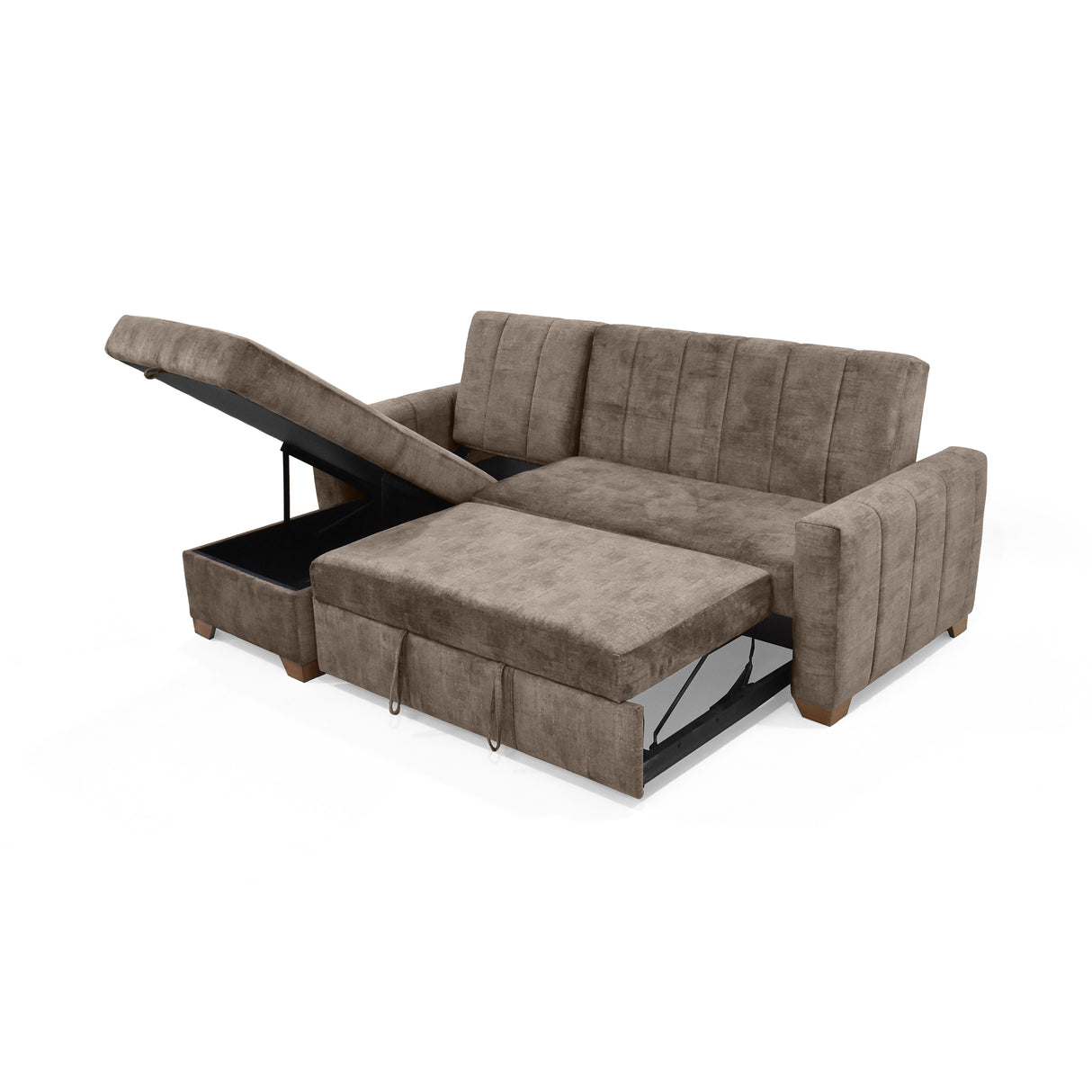 Sofá Cama en L Derecho Apolo Taupe y Matiz Caoba 220x92cm de Tres Puestos Reclinable con Almacenamiento y con Apoya Brazos