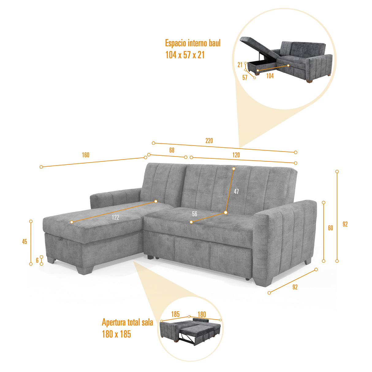 Sofá Cama en L Derecho Apolo Plata y Matiz Caoba 220x92cm de Tres Puestos Reclinable con Almacenamiento y con Apoya Brazos